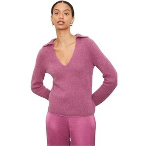 Vince Brushed V Neck Polo Alpaca & Wool Blend Sweater in Purple Orchid